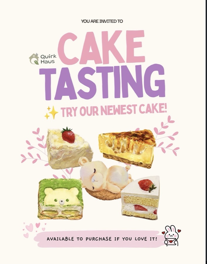 Quirk Haus cake tasting invitation, a pastel Canva post with illustrated cake slices