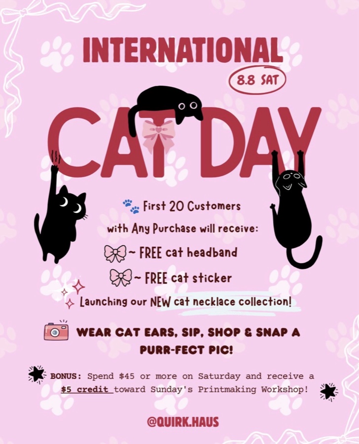 International Cat Day post for Quirk Haus, 8 August, offering a free headband and sticker to the first 20 customers