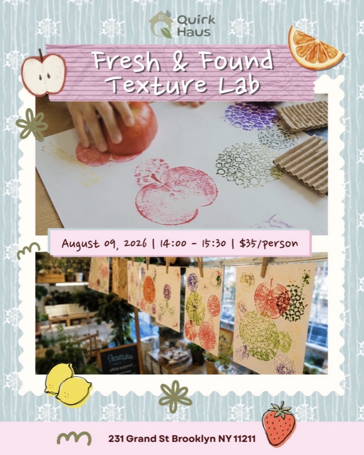 Fresh and Found Texture Lab workshop post, 9 August 2026, $35 per person at 231 Grand St